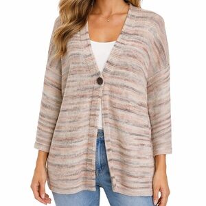 J JILL Pure Jill Women's M Cardigan Sweater Single Button 3/4 Sleeve Striped